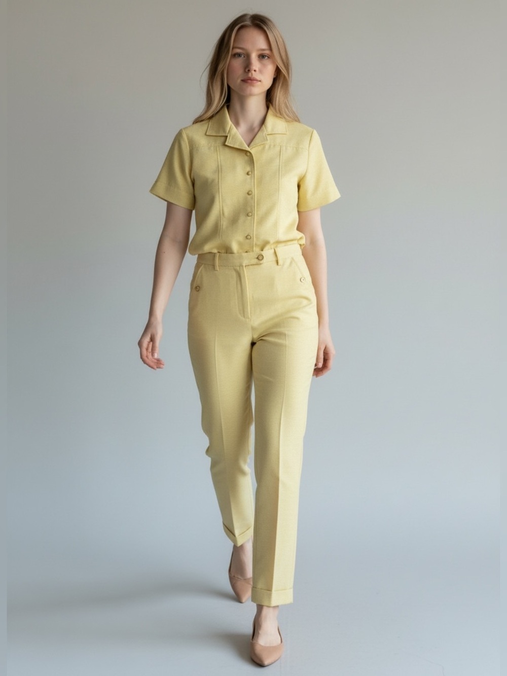 Vintage Yellow Pantsuit Blazer Trousers Matching Set Size 8 Petite